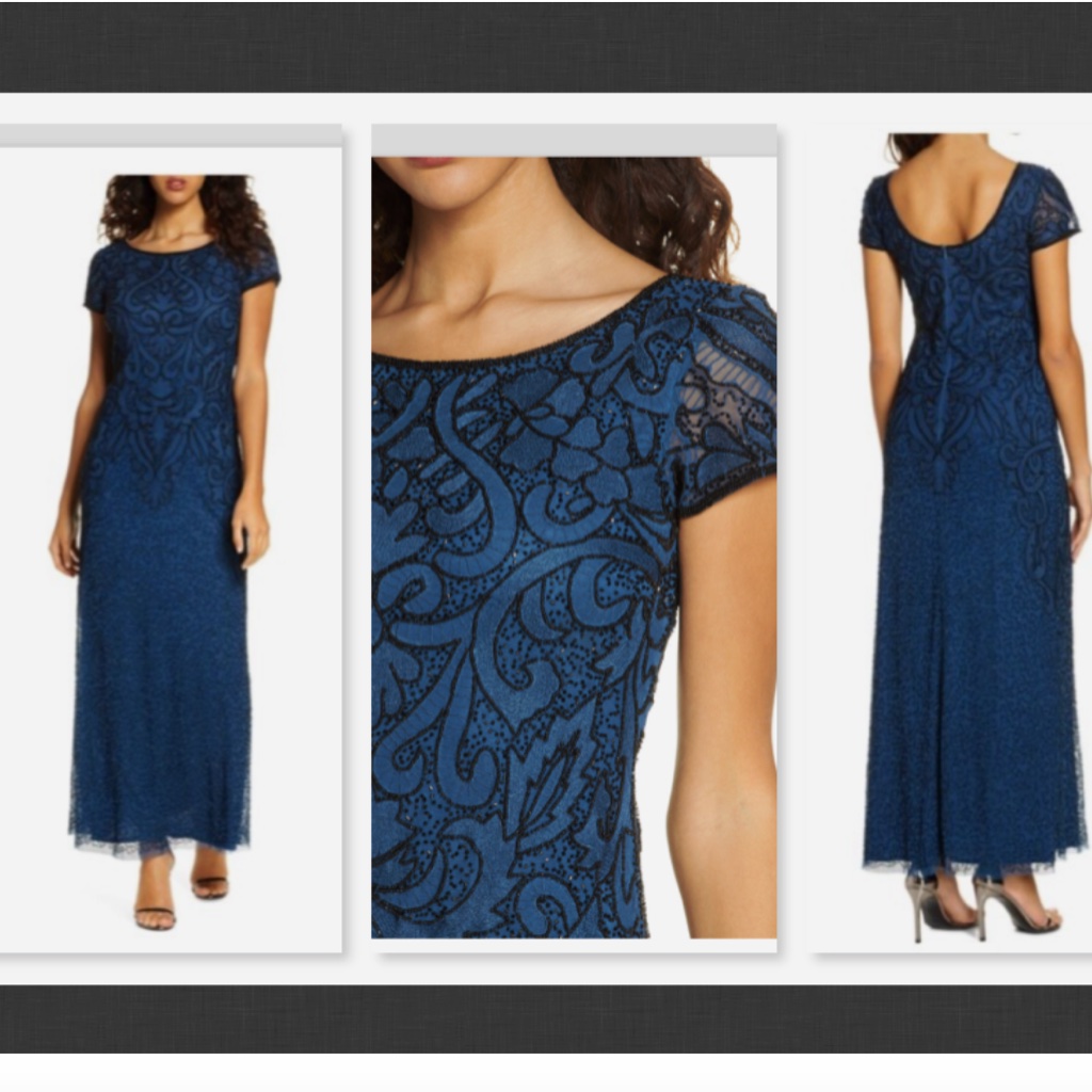 New $238 Pisarro Nights Embroidered Mesh Long Gown Blue Size 8